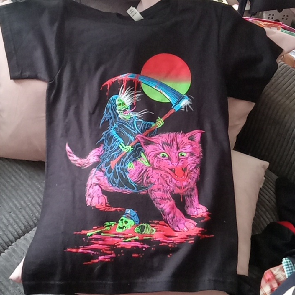 SKINNER GRIM REAPER Black Cat Graphic T-shirt Size XS